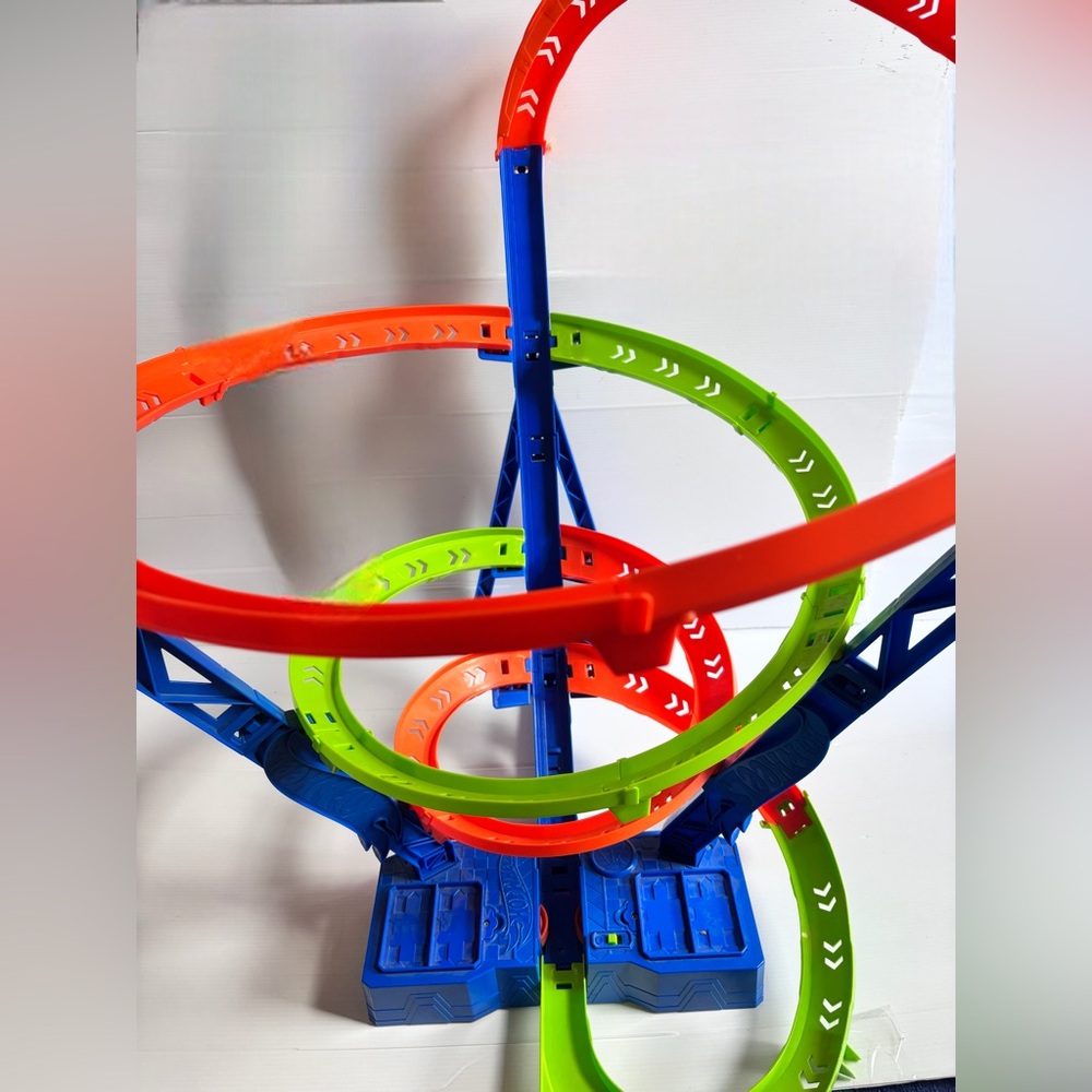 Hot Wheels Style Triple Loop Track Set w/ 4 Cars Neon Orange Green Blue